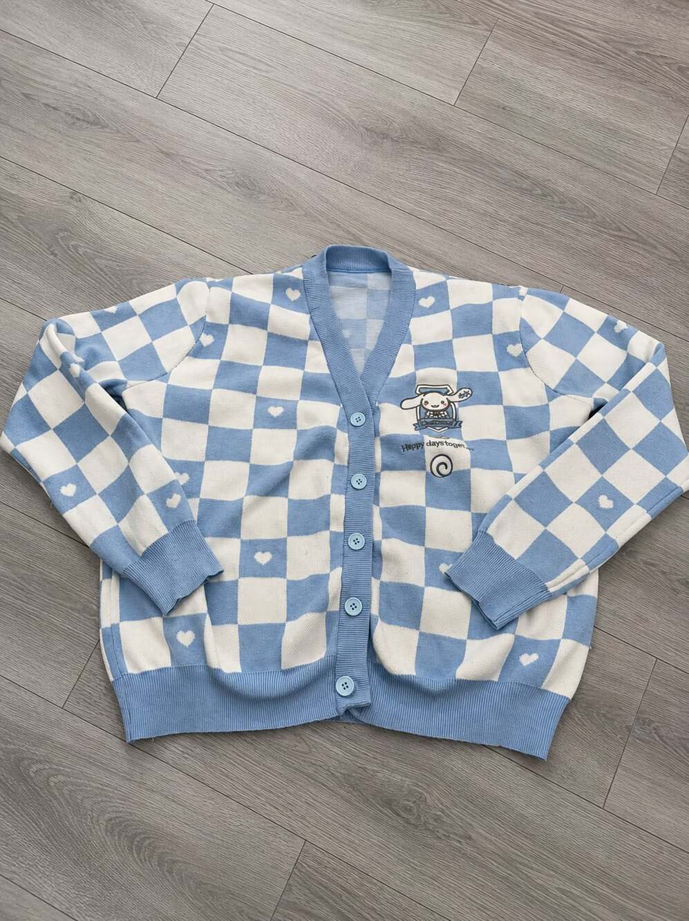 Sanrio Cinnamoroll Blue and White Checkered Cardigan Sweater with Heart Patterns
